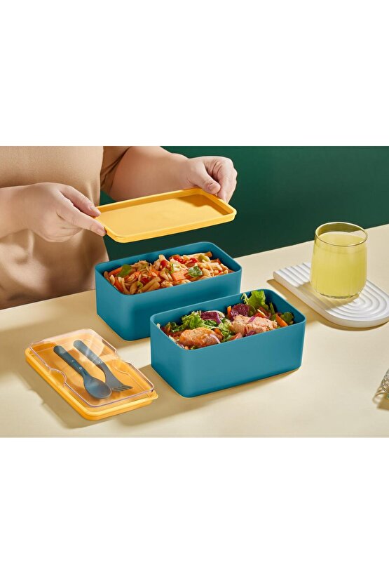 Mega Boy 2 Katlı Yemek Saklama Kabı 2 Litre - Kendinden Çatal Kaşık Servisli Lunch Box Set
