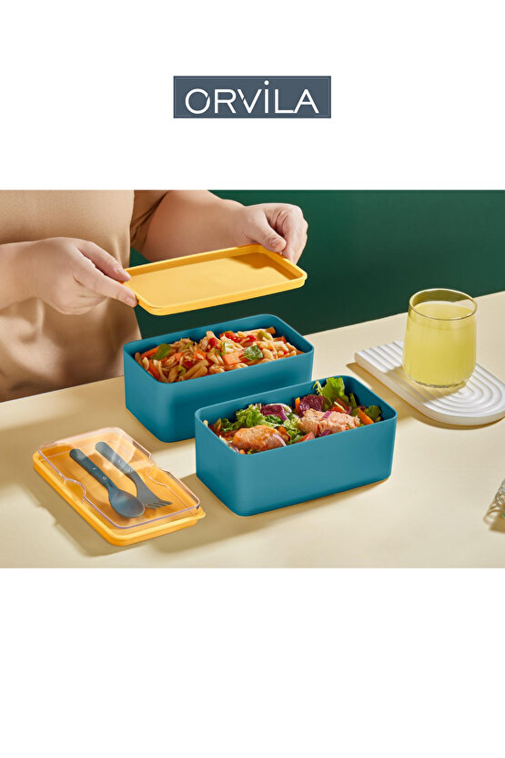 Mega Boy 2 Katlı Yemek Saklama Kabı 2 Litre - Kendinden Çatal Kaşık Servisli Lunch Box Set