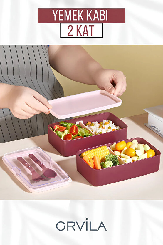 Mega Boy 2 Katlı Yemek Saklama Kabı 2 Litre - Kendinden Çatal Kaşık Servisli Lunch Box Set