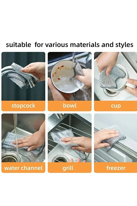 5 Adet Çift Taraflı Tel Bulaşık Bezi Sihirli Bez Çok Amaçlı İşlevsel Tel Bez Çift Katlı