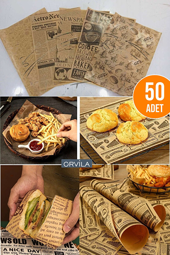 Vintage Desen Sunum Kağıdı | 50li Retro Gazete Görünüm Hamburger Sarma ve Servis Kağıtları