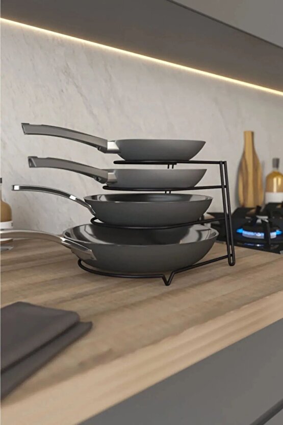 Siyah 4 Katlı Metal Tezgah Üstü Organizer Tencere Tava Rafı Krom