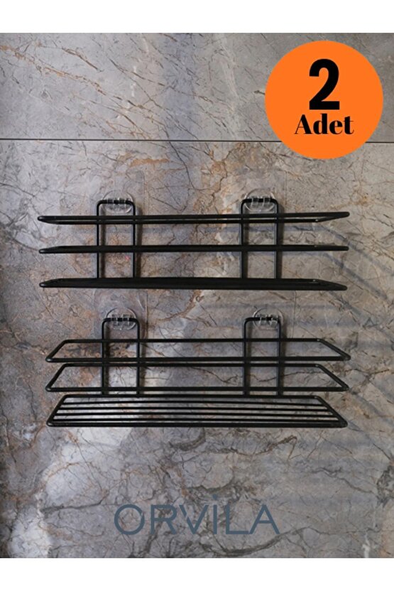 2 Adet - Yapışkanlı Paslanmaz Siyah Banyo Düzenleyici Organizer - Şampuanlık