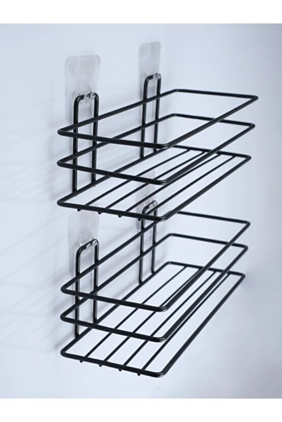 2 Adet - Yapışkanlı Paslanmaz Siyah Banyo Düzenleyici Organizer - Şampuanlık