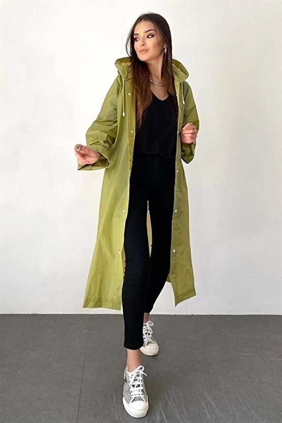 Eva Su Geçirmez Kaliteli Uzun Yağmurluk Unisex - Kadın Erkek Kapüşonlu Çıtçıtlı Standart Beden