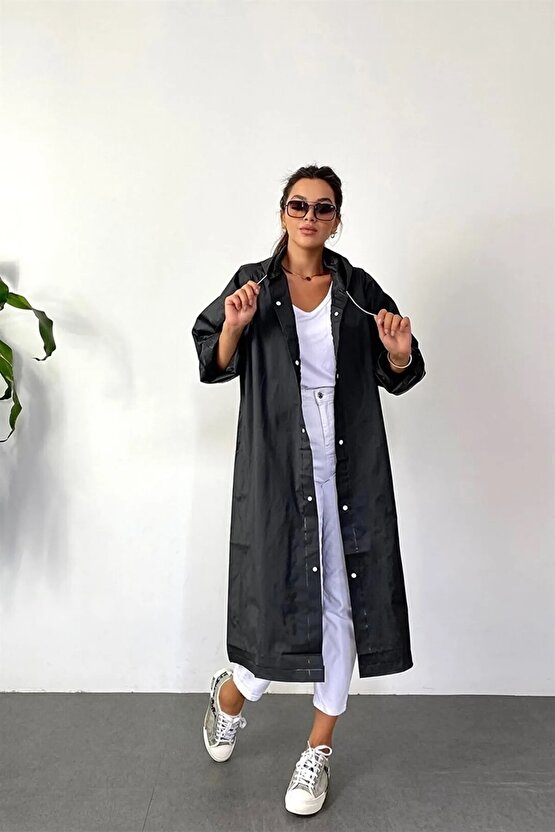 Eva Su Geçirmez Kaliteli Uzun Yağmurluk Unisex - Kadın Erkek Kapüşonlu Çıtçıtlı Standart Beden