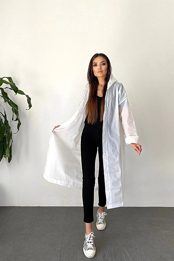 Eva Su Geçirmez Kaliteli Uzun Yağmurluk Unisex - Kadın Erkek Kapüşonlu Çıtçıtlı Standart Beden