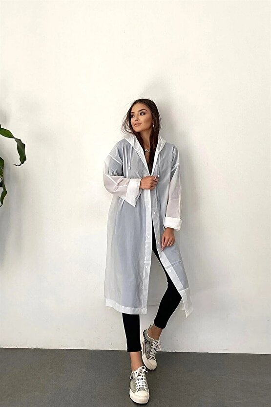 Eva Su Geçirmez Kaliteli Uzun Yağmurluk Unisex - Kadın Erkek Kapüşonlu Çıtçıtlı Standart Beden