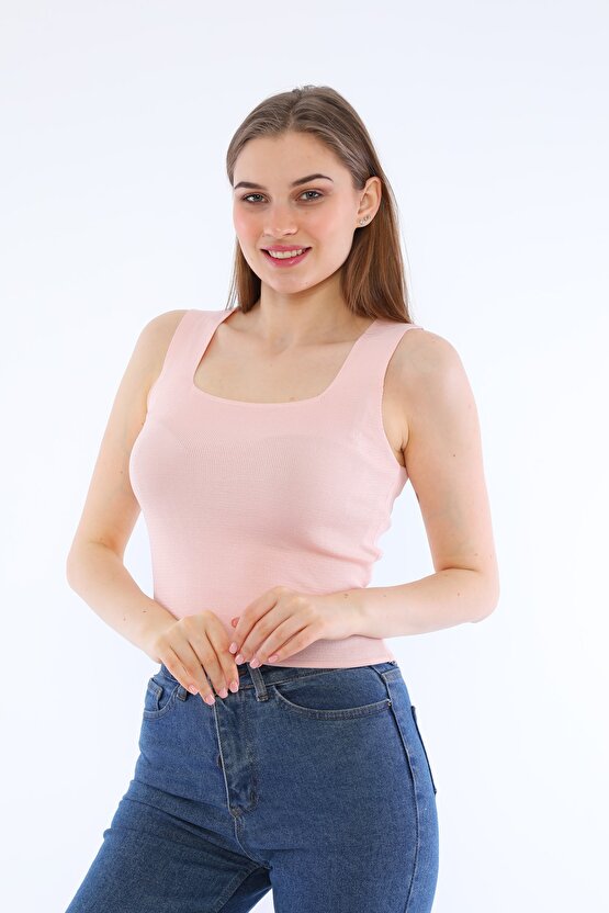 Kadın Pembe Kolsuz Bluz Kalın Askılı Atlet Ince Yazlık Kare Yaka Triko