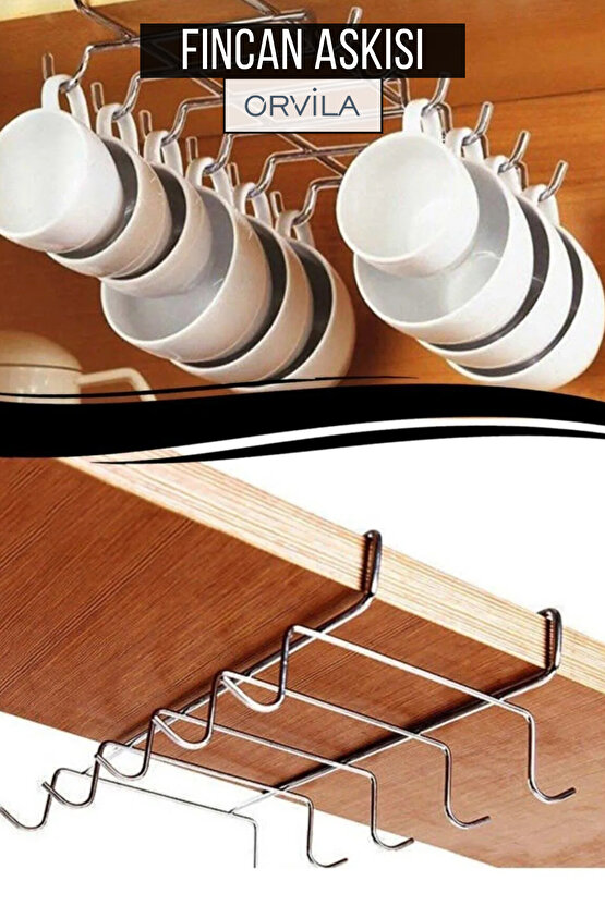 Raf Altı Asılabilir 10 Kancalı Fincan Ve Kupa Bardak Askılığı - Krom