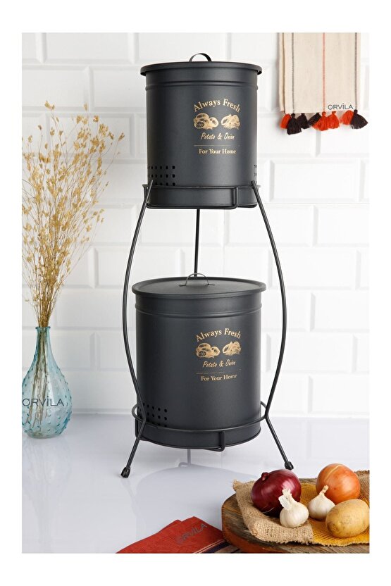 2 Katlı Metal Patates Soğanlık Kovası Çeyizlik Sebzelik Saklama Kabı - Siyah