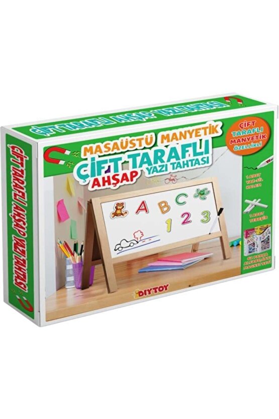 Masa Üstü Manyetik Çift Taraflı Ahşap Çocuk Yazı Tahtası (62 parça magnet set hediyeli)