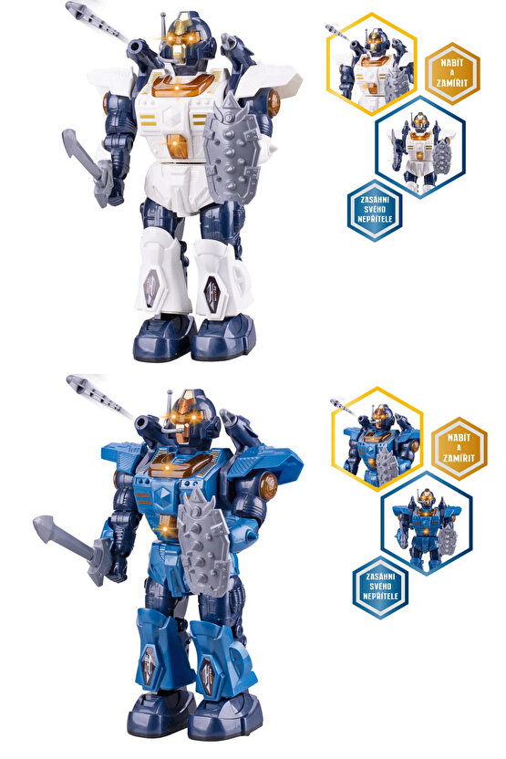 Oyuncak Işıklı ve Müzikli Roket Atan Pilli Savaşçı Robot Kılıç Kalkanlı 360° Dönen Robot Pil Hediye