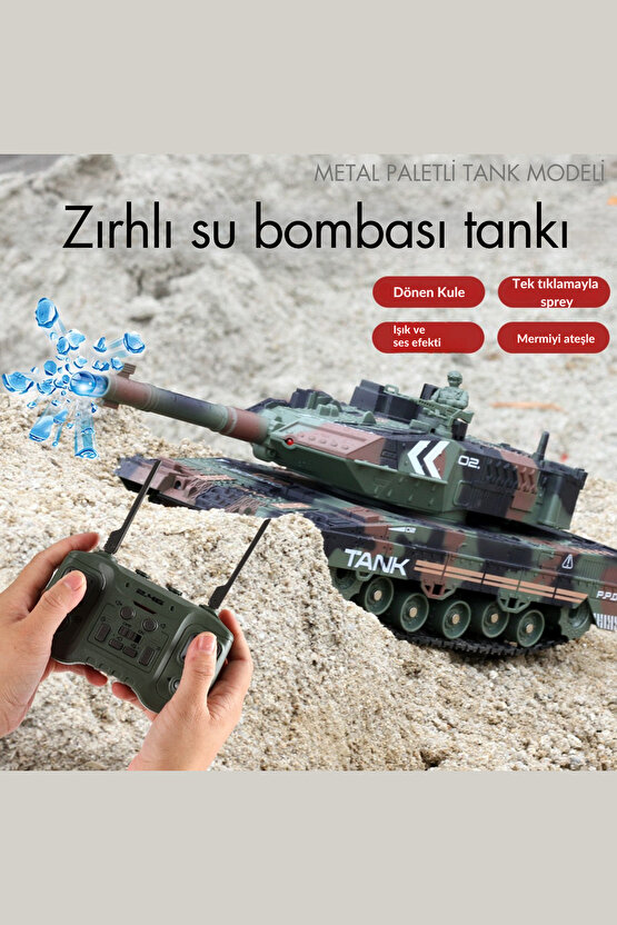 Oyuncak Şarjlı 2.4 Ghz Uzaktan Kumandalı Su Topu Atan Buharlı 360° Dönen Askeri Tank