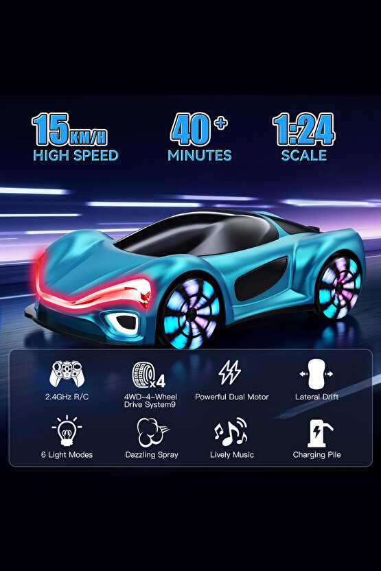 1:24 Uzaktan Kumandalı 2.4G Şarjlı Işık Müzik Spor Araba Şarj İstasyonlu Elektrikli Prototip Araba