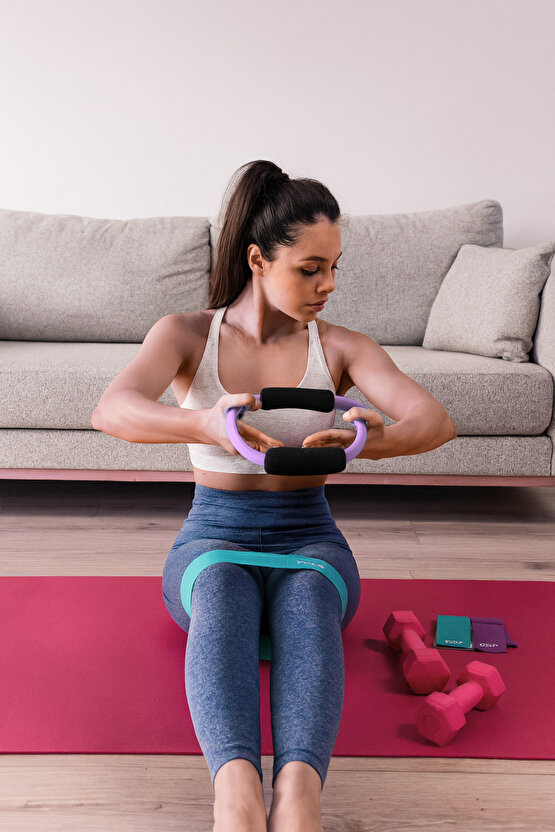3lü Pilates Seti Evde Spor Direnç Lastiği Pilates Çemberi 2x1 kg Dambıl Evde Pilates Seti