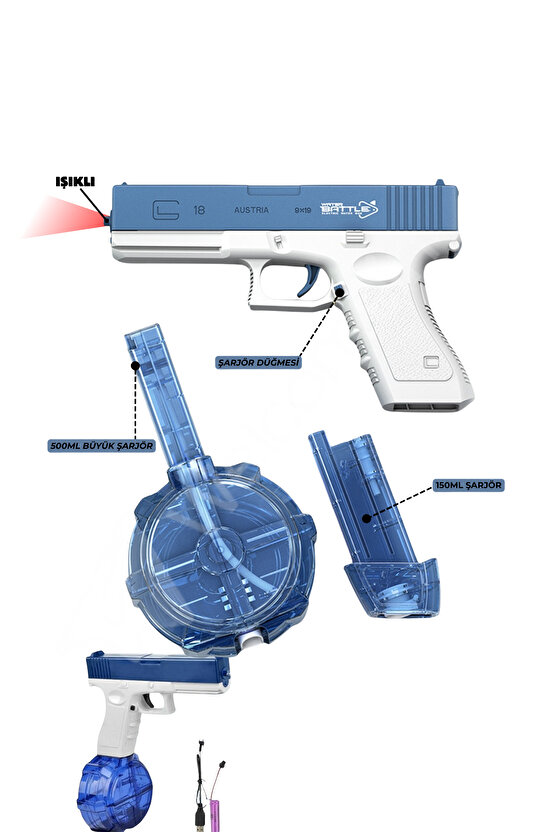 8-10 Metre Su Atan Işıklı 550ml ve 150ml Kapasiteli Su Silahı Otomatik Şarjlı Güçlü Su Tabancası