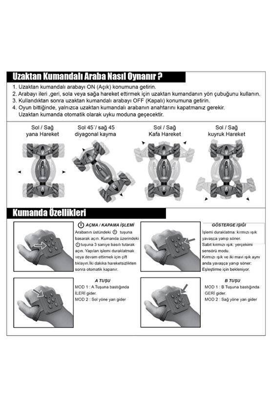 Oyuncak Bilekten Kontrollü Şarjlı 2.4G Işıklı Ve Müzikli Bileklik Kumandalı Akrobat Araba