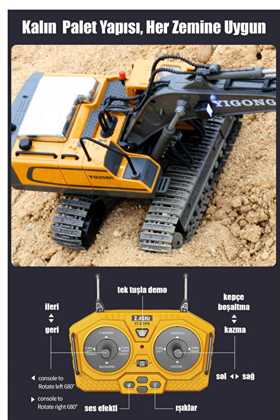 Oyuncak Uzaktan Kumandalı 2.4 Ghz Sesli Işıklı Metal Bulldozer Ekskavatör Kamyon İş Makineleri