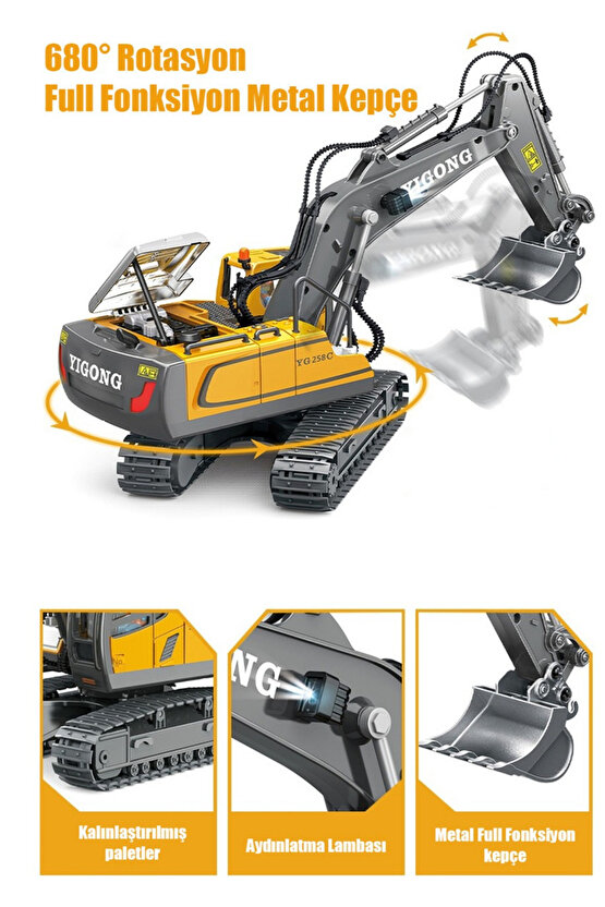 Oyuncak Uzaktan Kumandalı 2.4 Ghz Sesli Işıklı Metal Bulldozer Ekskavatör Kamyon İş Makineleri