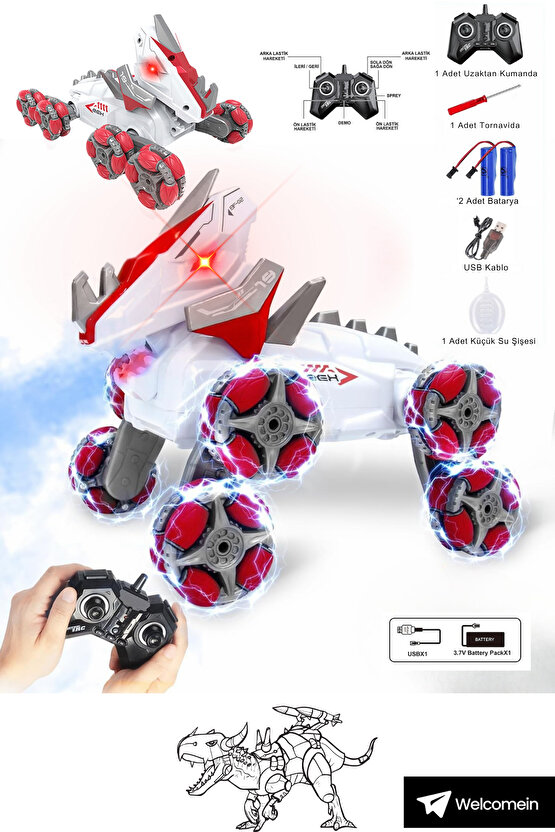 Uzaktan Kumandalı Full Fonksiyon Şarjlı 2,4G 8 Teker Buhar Atan Dinozor Kamyonet Stunt Araba +3