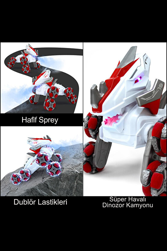 Uzaktan Kumandalı Full Fonksiyon Şarjlı 2,4G 8 Teker Buhar Atan Dinozor Kamyonet Stunt Araba +3