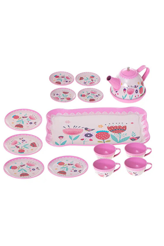 Oyuncak Evcilik Oyunu Aktivite 15 Parça Çiçekli Renkli Metal Çay Seti