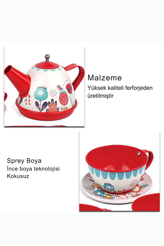 Oyuncak Evcilik Oyunu Aktivite 15 Parça Çiçekli Renkli Metal Çay Seti