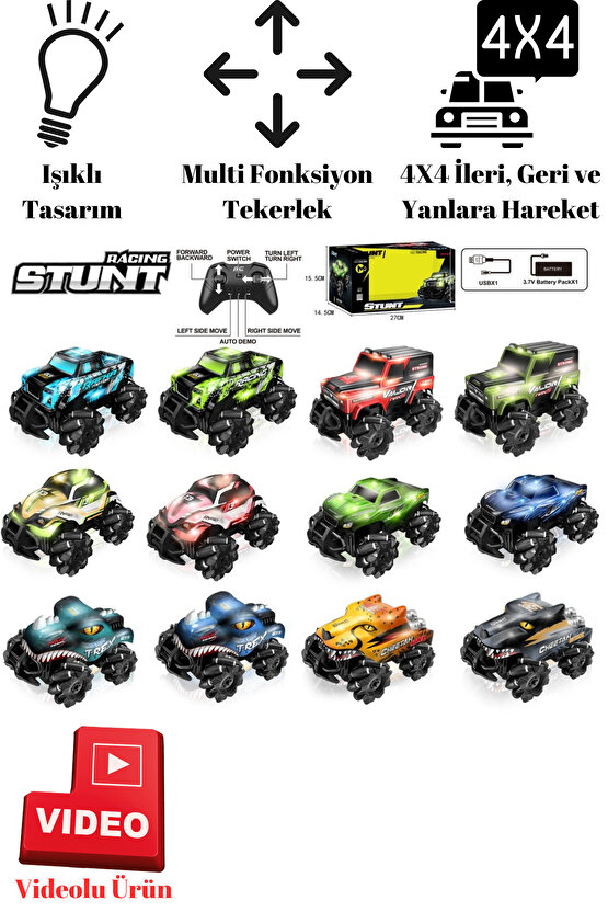 Oyuncak Uzaktan Kumandalı Full Fonksiyon Şarjlı 2.4G Stunt 4X4 Işıklı Araba (Pil Hediyeli