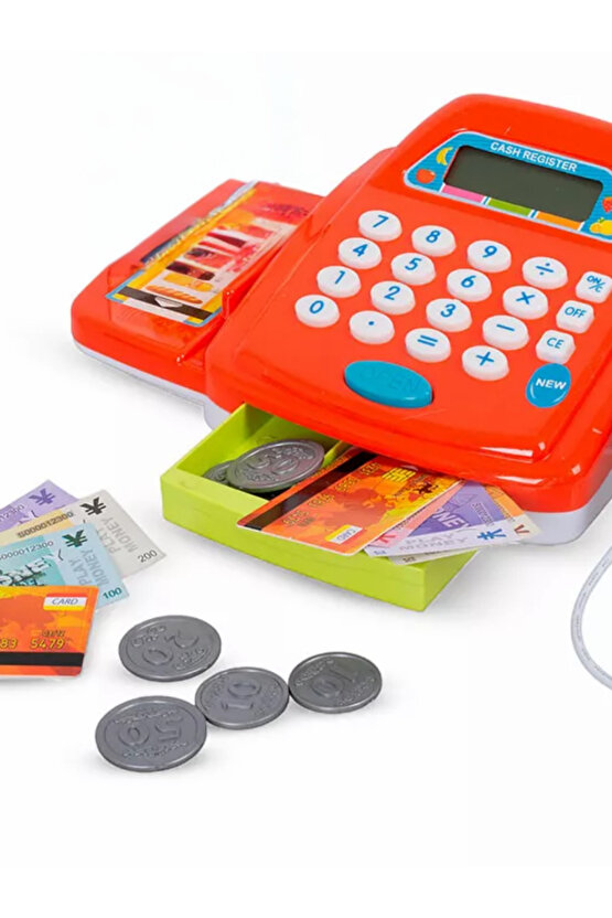 Kırmızı Oyuncak Yazar Kasa- Hesap Makinesi Fonksiyonlu ve Borkod Okutmalı Eğitici Oyuncak Seti +3yaş