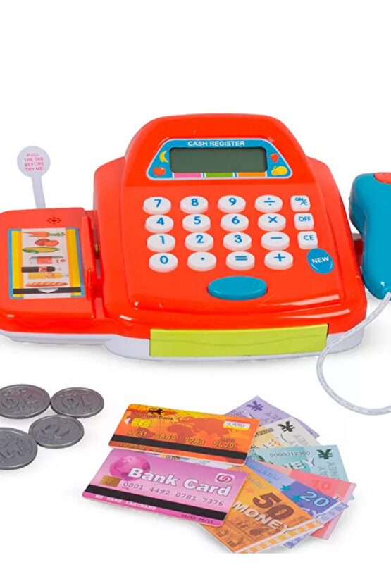 Kırmızı Oyuncak Yazar Kasa- Hesap Makinesi Fonksiyonlu ve Borkod Okutmalı Eğitici Oyuncak Seti +3yaş