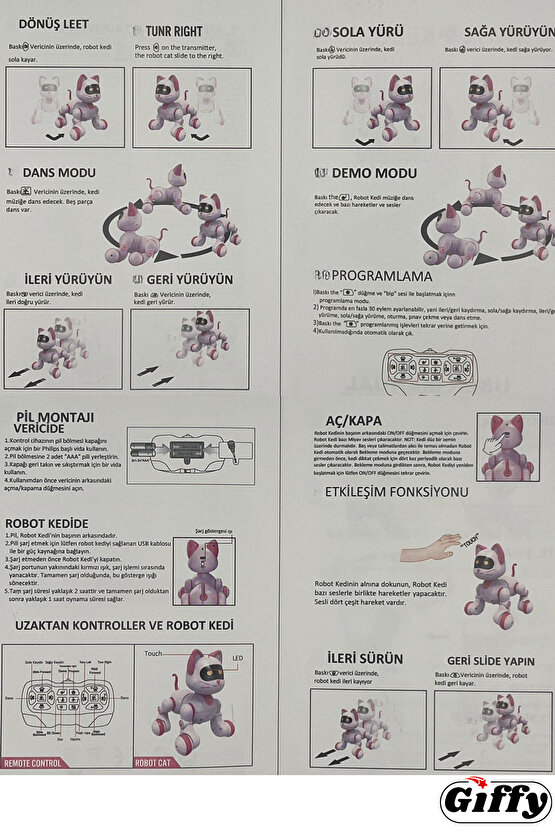 Oyuncak 30 Fonksiyonlu Uzaktan Kumandalı Şarjlı Sesli Işıklı Dokunma Algılama&Programlama Robot Kedi