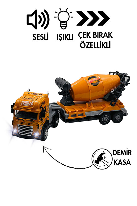 Oyuncak Kutulu İş Makinesi Sesli Işıklı Çek Bırak Metal Vinç, Beton Mikseri, Kamyon, Kepçe 30 Cm