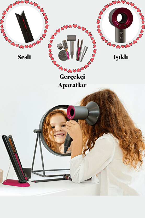 Oyuncak Saç Kurutma Sesli Işıklı Gerçek Hava Üfleme Özellikli Eğitici Oyuncak Bakım Aktivite Seti