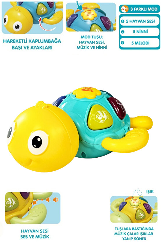 Oyuncak Işıklı ve Sesli 5 Farklı Hayvan Sesi Melodi ve Ninni Çalan Eğitici Kaplumbağa Bebek Piyanosu
