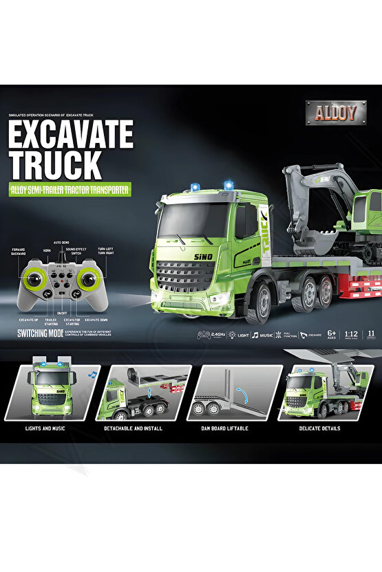 Oyuncak 2.4GHz Full Fonksiyon Uzaktan Kumandalı 1:12 Ölçek Işıklı ve Sesli Şarjlı Kepçe ve Tır