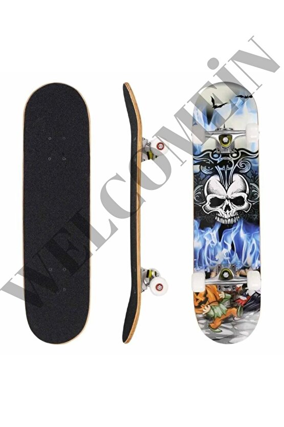 Kaykay Zımparalı Üst Yüzey Silikon Tekerli Akağaç  Kurukafa Ahşap Kaykay