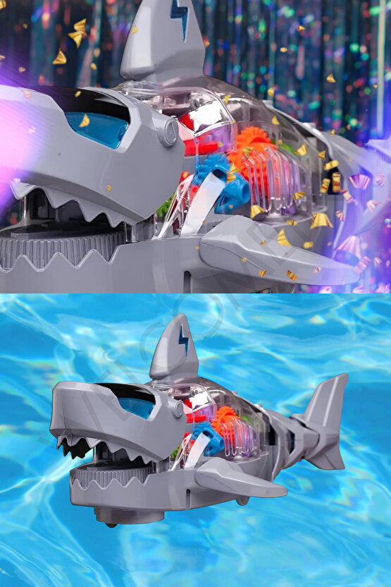 Oyuncak Işıklı Müzikli Ve Hareketli Robot Köpek Balığı Mekanik Aksamı Şeffaf