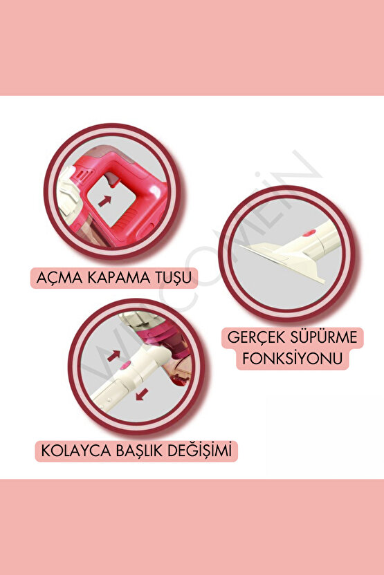 Pembe Kablosuz Model Oyuncak Süpürge Dikey Süpürge Seti 3 Başlıklı Pilli Temizlik Aktivite