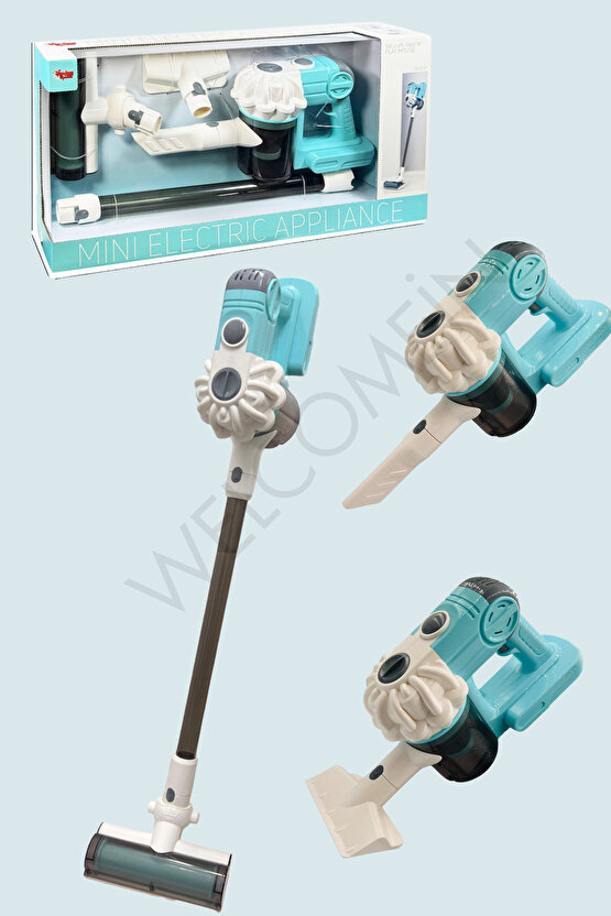 Mavi Kablosuz Model Oyuncak Süpürge Dikey Süpürge Seti 3 Başlıklı Pilli Temizlik Aktivite