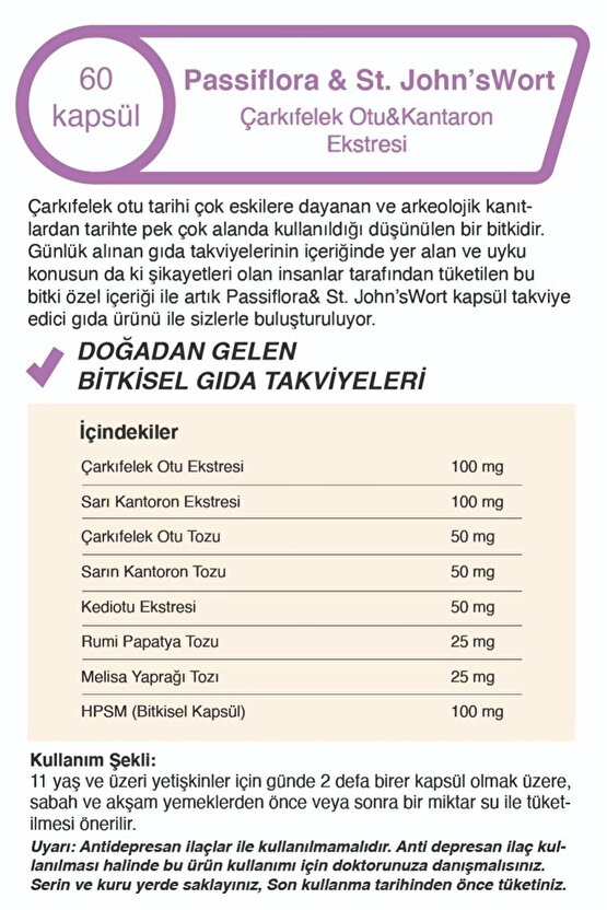 Passiflora Uykuya Yardımcı Çarkıfelek Otu & Kantaron Ekstreli 60lı 500 Mg Kapsül