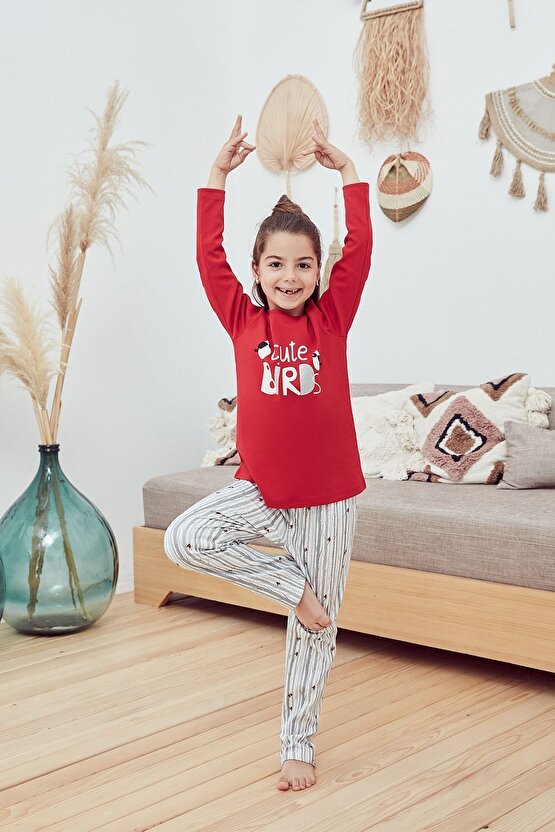 29583 Kırmızı Interlok Kuş Desenli O Yaka Kız Çocuk Pijama Takımı