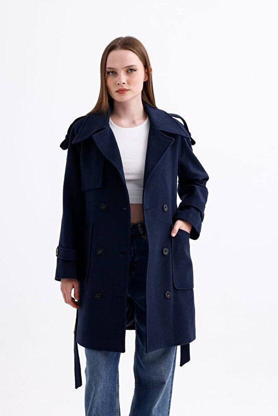 Kuşaklı Düğmeli Kaşe Kaban