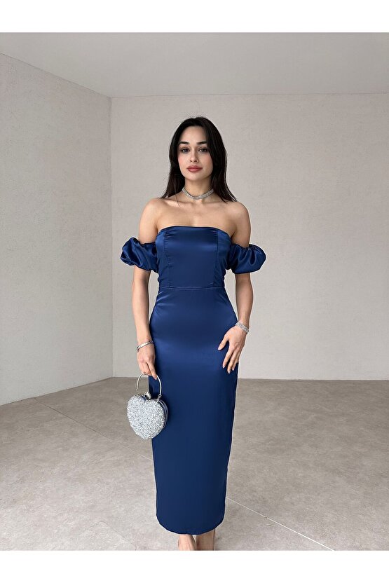 Straplez Kol Detaylı Yırtmaçlı Midi Boy Lacivert Şifon Elbise