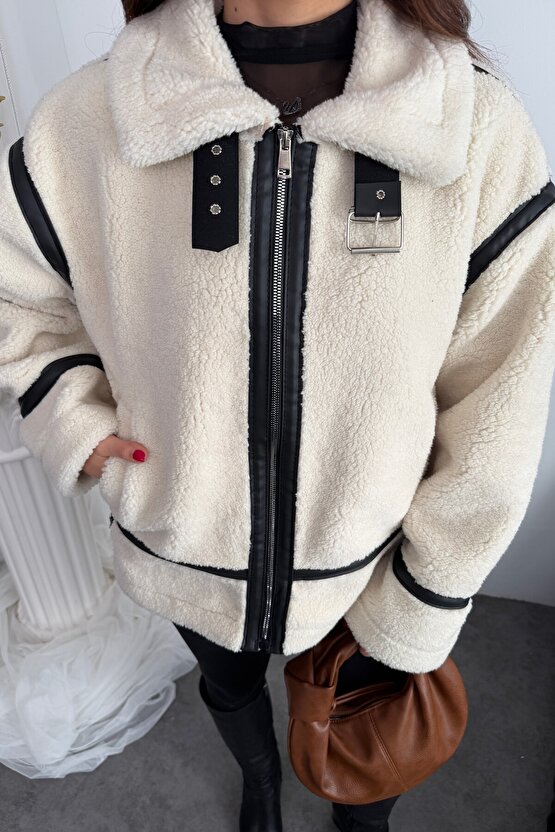 Kadın Deri Detaylı Oversize Peluş Mont - Premium Tasarım Biker Teddy Kaban Ceket