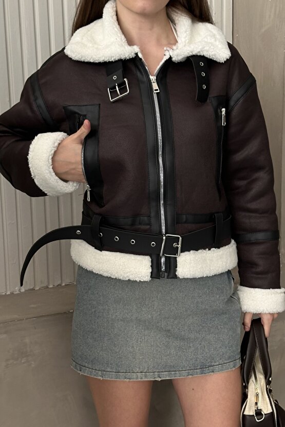 Kadın İçi Kürk Detaylı Kemerli Deri Mont - Kışlık Biker Peluş Astarlı Deri Ceket