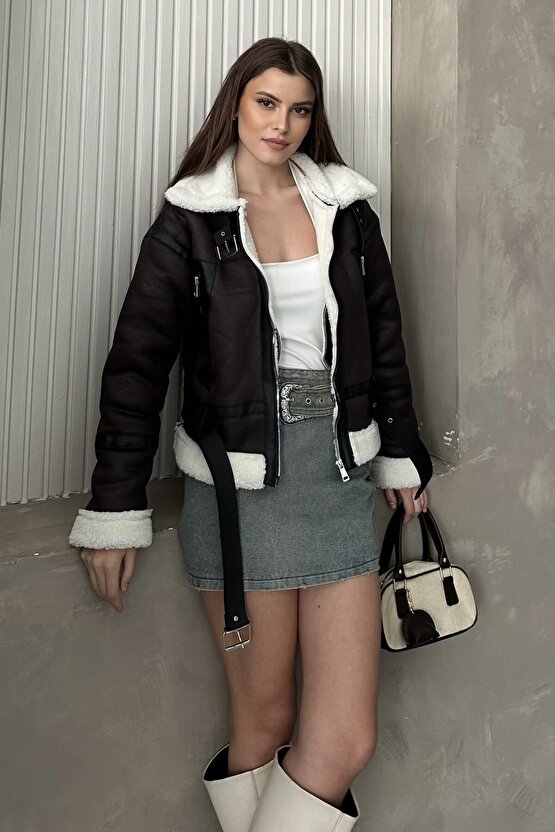 Kadın İçi Kürk Detaylı Kemerli Deri Mont - Kışlık Biker Peluş Astarlı Deri Ceket