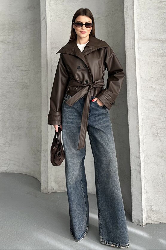 Kadın Deri Trençkot Ceket - Kuşaklı, Düğmeli Crop Biker Suni Deri Mont