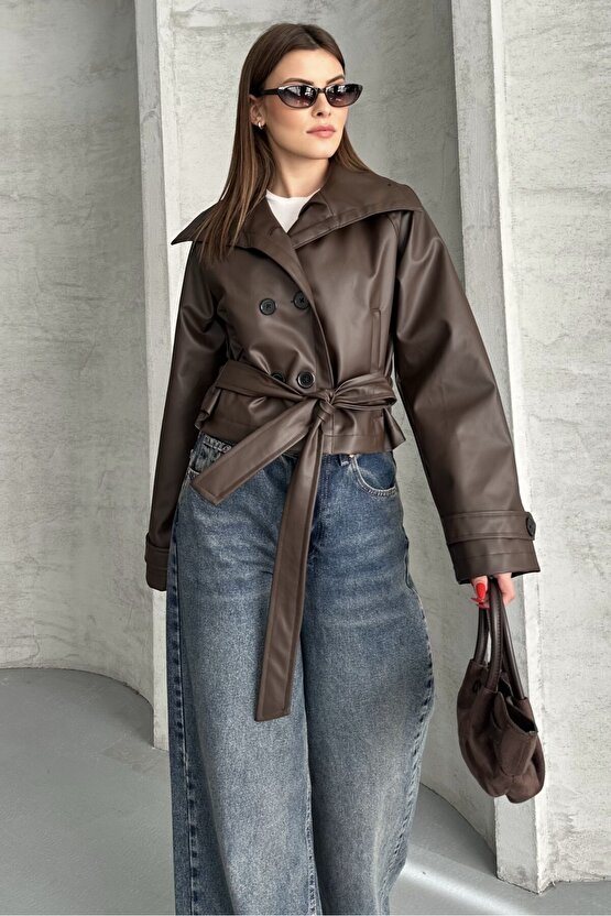 Kadın Deri Trençkot Ceket - Kuşaklı, Düğmeli Crop Biker Suni Deri Mont