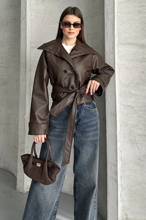 Kadın Deri Trençkot Ceket - Kuşaklı, Düğmeli Crop Biker Suni Deri Mont